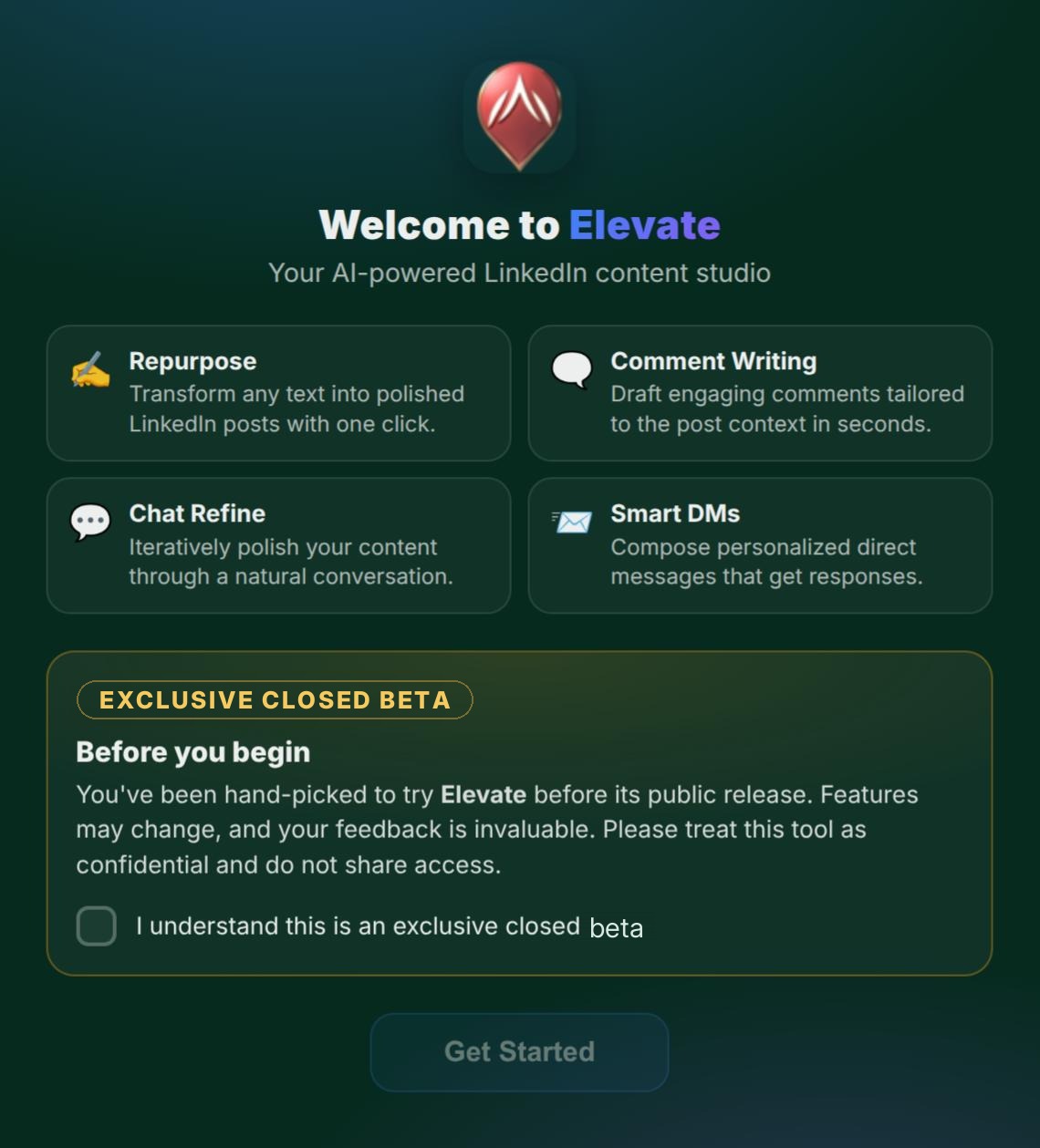 Elevate Willkommensbildschirm der Beta